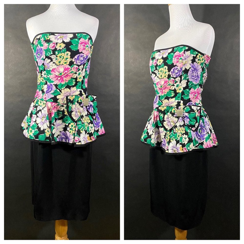 80s Floral Strapless Dress with Big Side Bow Detai